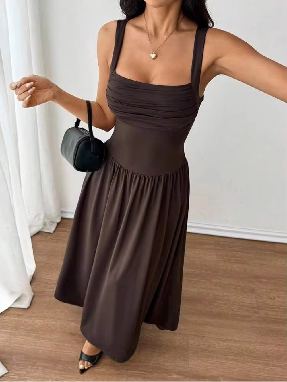 SHEIN New Dark Brown Ruched Square Neck Soft Stretch Maxi Dress size Petite SP - Picture 3 of 13
